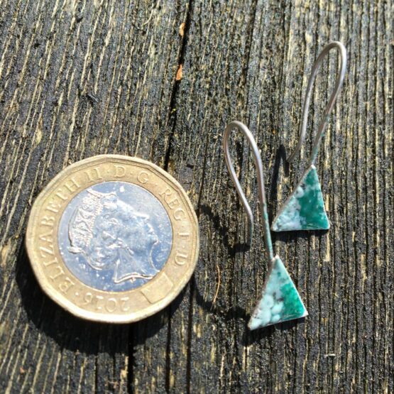Chilli Designs green and white silver enamel triangle drop earrings