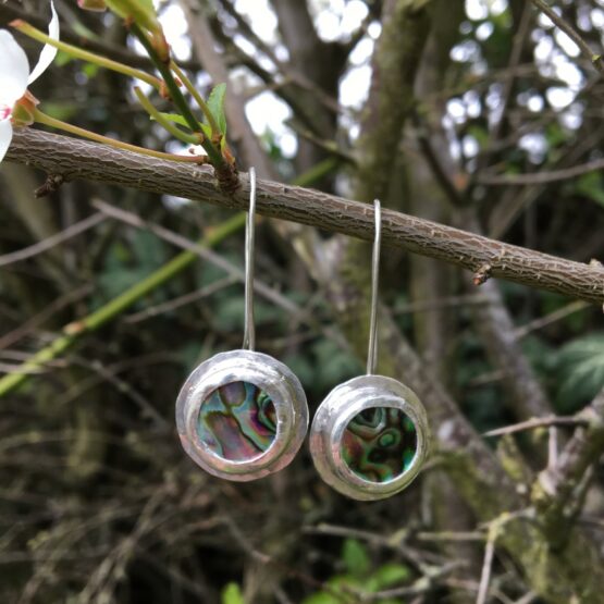 Chilli designs paua shell circle drop earrings