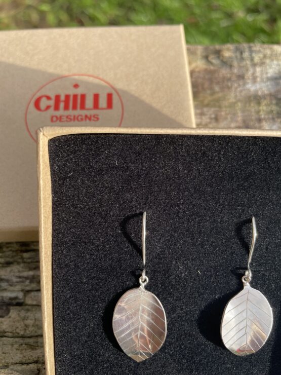 Chilli Designs ancient leaves beech drop earrings in box
