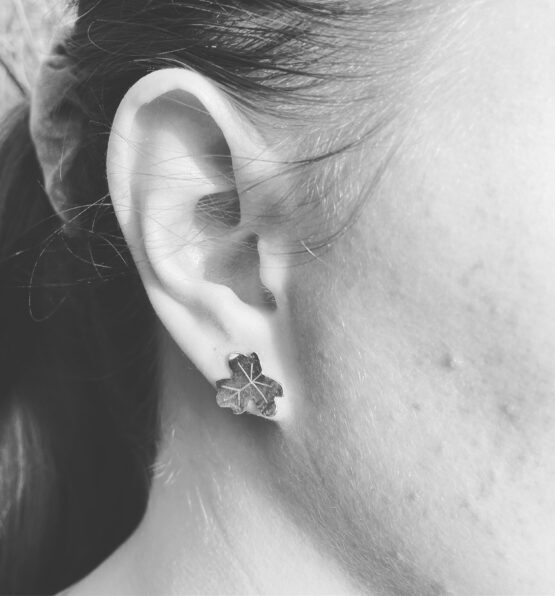 Chilli Designs ancient leaves maple leaf stud earrings in ear