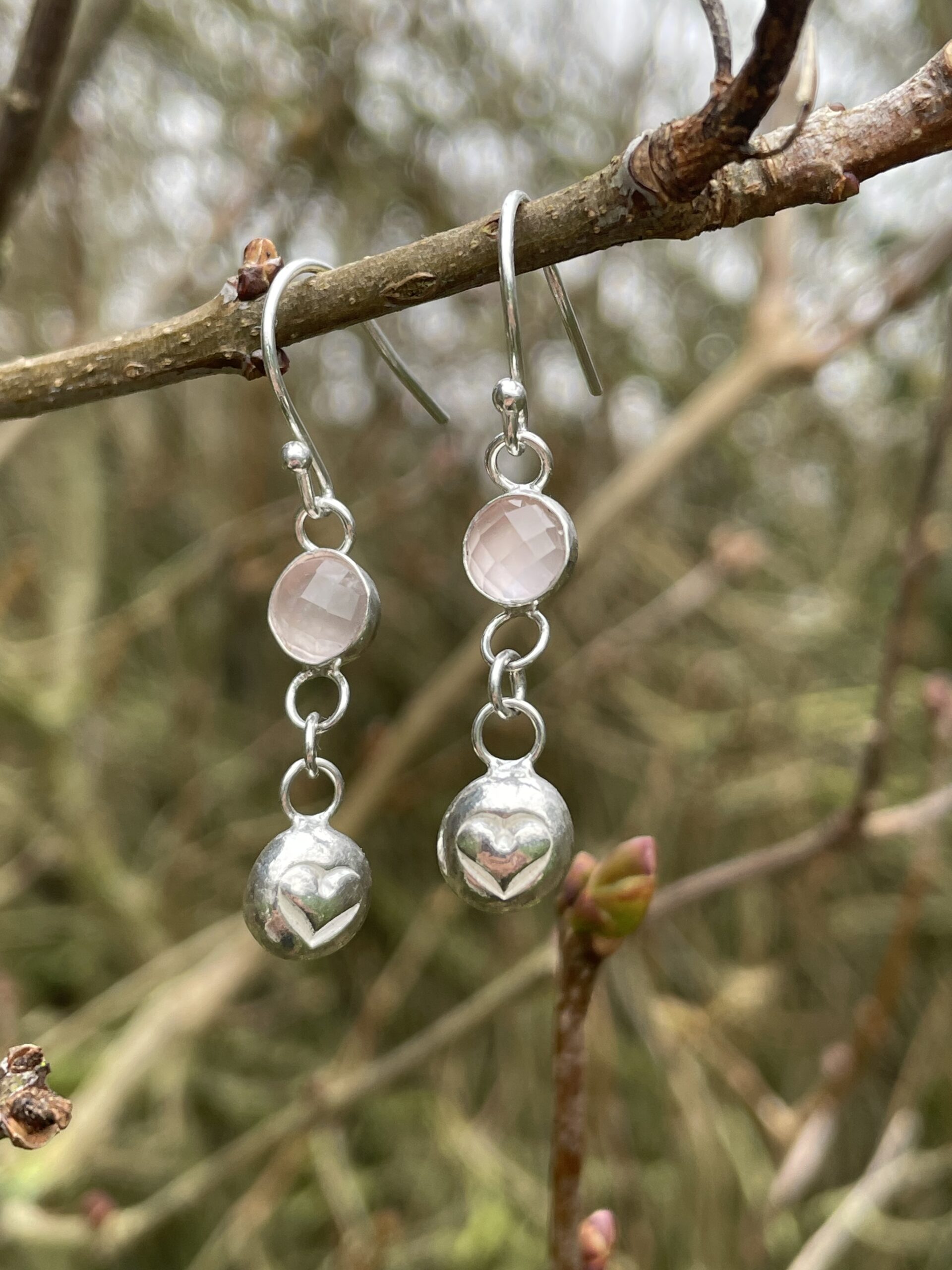 Chilli Designs rose quartz and heart drop earrings