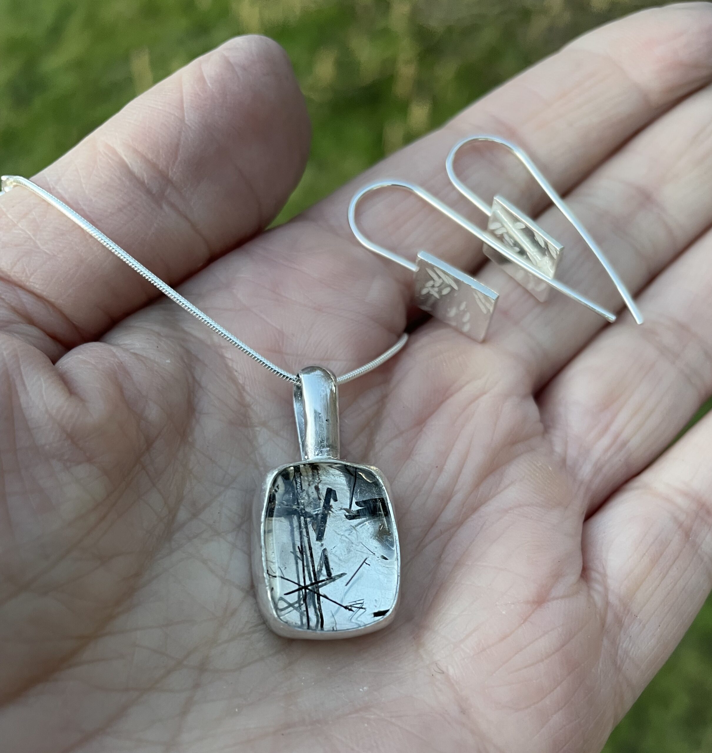 Chilli Designs tourmaline in quartz necklace and drop earrings