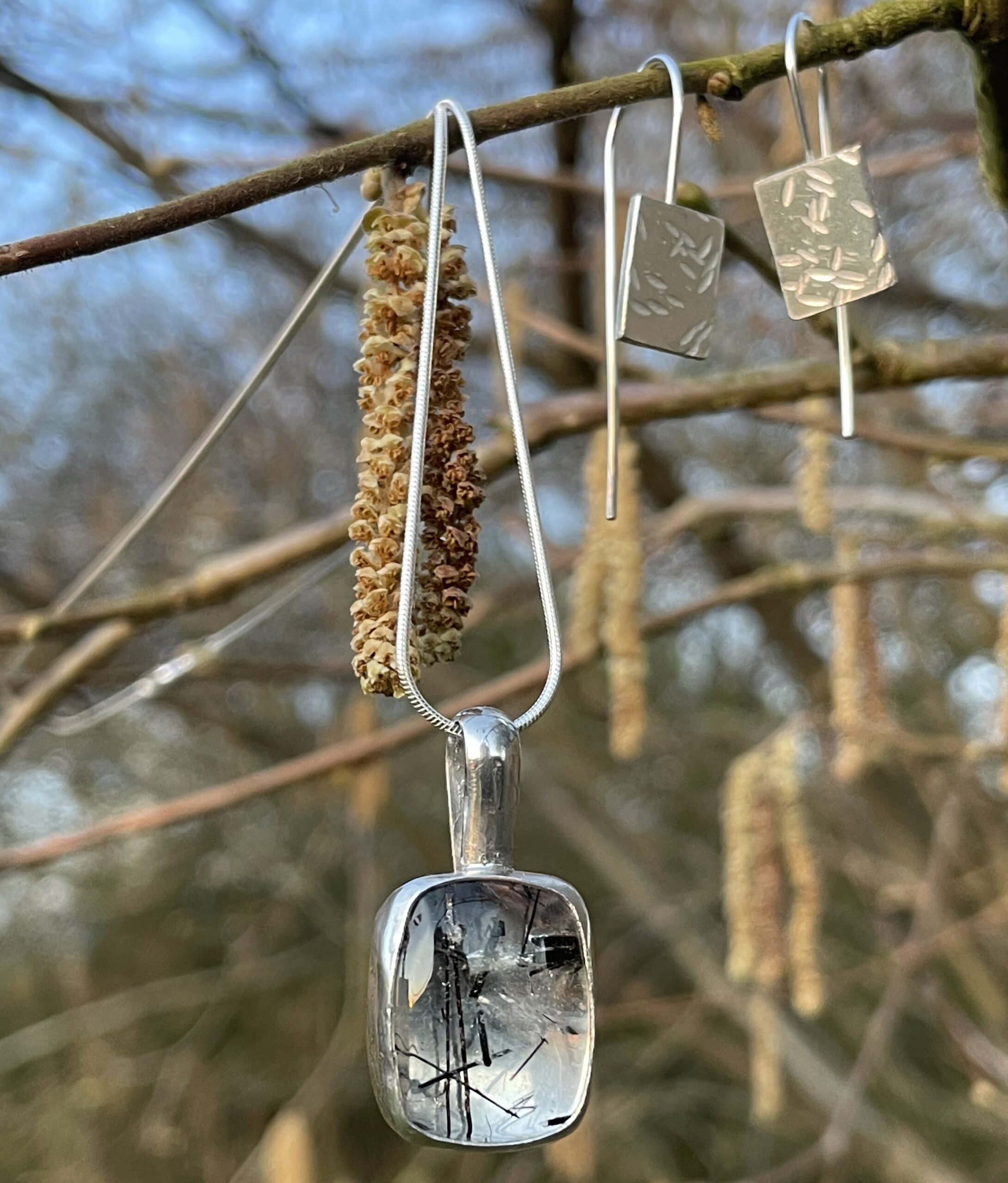 Chilli Designs tourmaline in quartz necklace and drop earrings